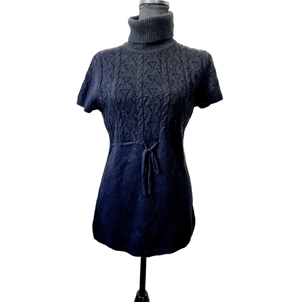 Michael Kors Womens M Black Angora Blend Cable Knit Turtleneck Sweater Tunic